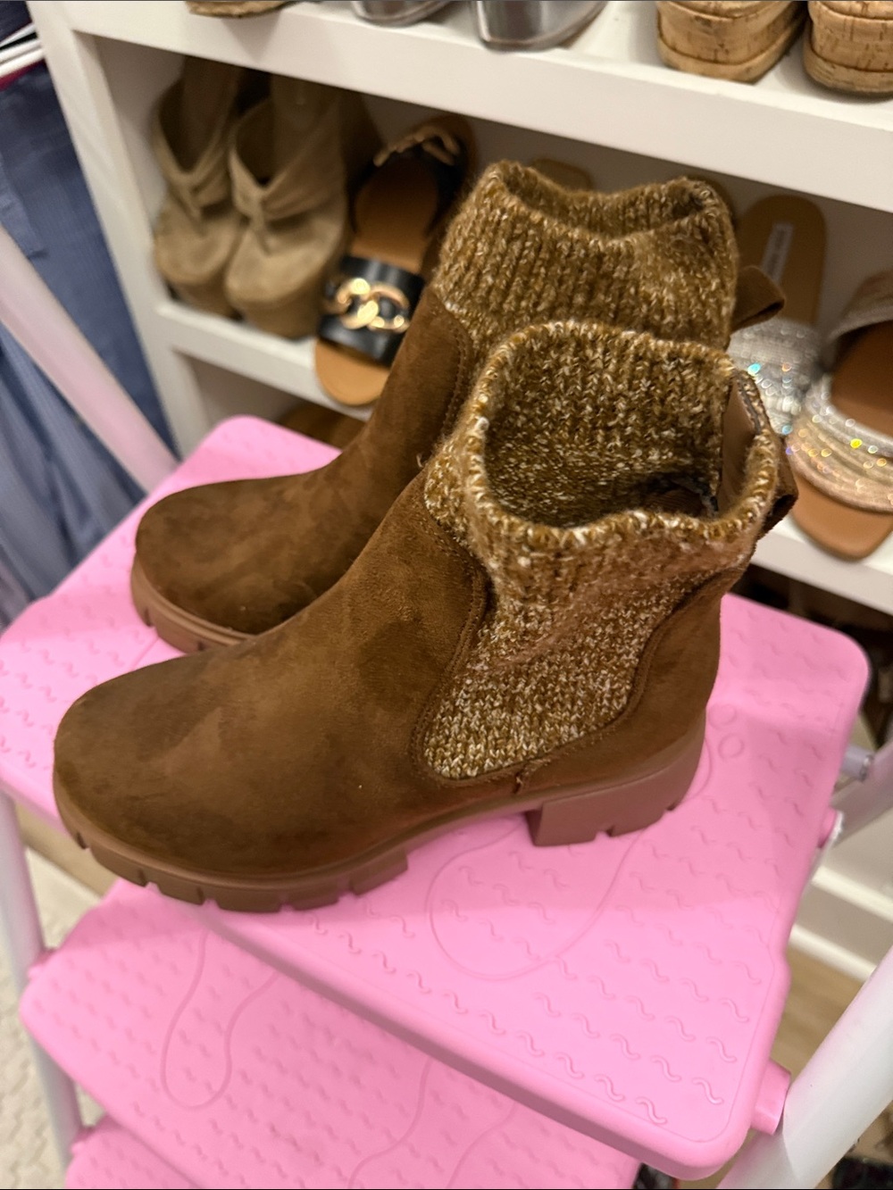 Soda Brown Suede Knit-Cuff Ankle Booties